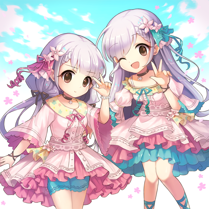 2girls :d ahoge aqua_ribbon aqua_shorts aqua_skirt bangs belt black_bow bow bra_strap bracelet braid brown_eyes buttons choker closed_mouth clouds cloudy_sky collared_dress day dot_nose dress eyebrows_visible_through_hair falling_petals floral_print flower flower_bracelet frilled_dress frilled_shorts frilled_sleeves frills hair_bow hair_flower hair_ornament hair_ribbon hisakawa_hayate hisakawa_nagi idolmaster idolmaster_cinderella_girls jewelry juliet_sleeves knees_together_feet_apart layered_dress lm long_hair long_sleeves low_twintails multiple_girls one_eye_closed open_mouth outstretched_arm pink_dress pink_ribbon pink_skirt puffy_sleeves ribbon shorts siblings sidelocks silver_hair skirt skirt_set sky smile swept_bangs tareme twins twintails underskirt w wide_sleeves