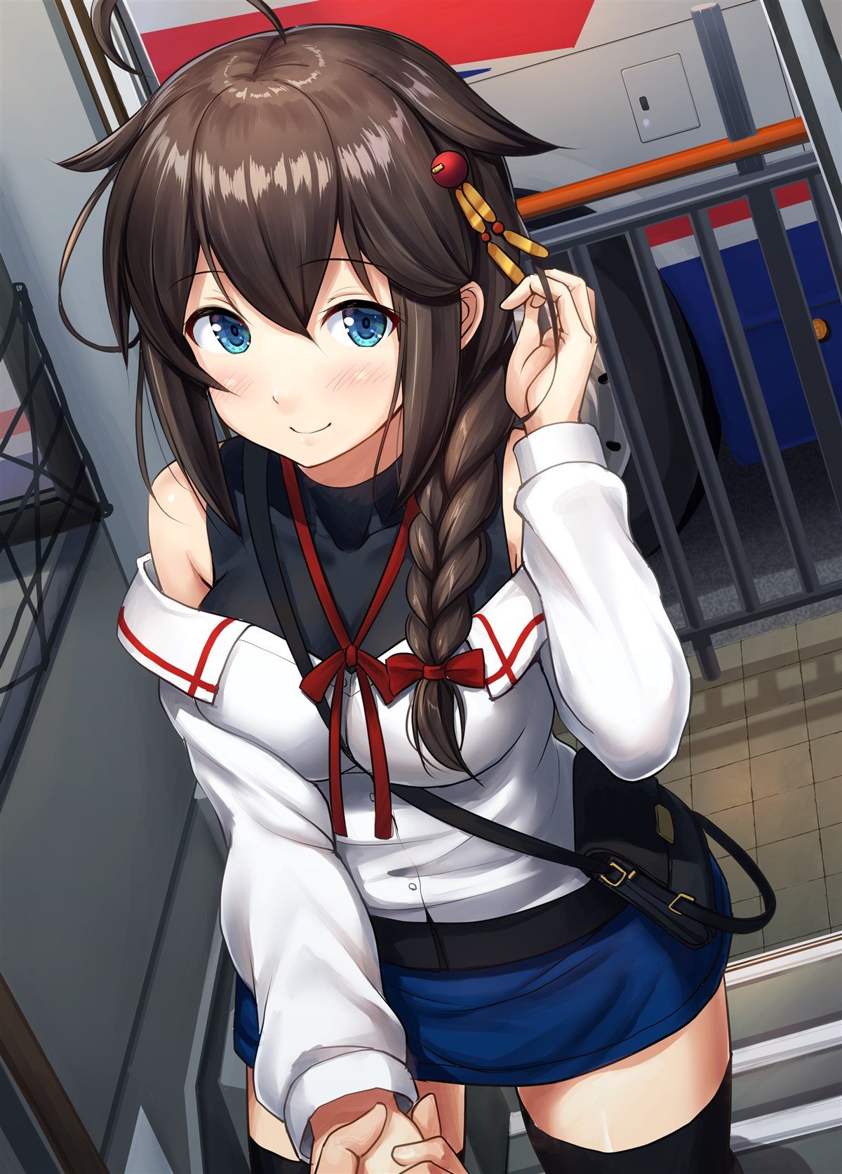 1girl ahoge bag bangs black_legwear blue_eyes blue_skirt blush braid breasts brown_hair eyebrows_visible_through_hair hair_flaps hair_ornament hair_over_shoulder highres holding_hands ichikawa_feesu kantai_collection long_hair long_sleeves off-shoulder_shirt off_shoulder out_of_frame outdoors remodel_(kantai_collection) shigure_(kantai_collection) shirt single_braid skirt sleeveless sleeveless_shirt smile solo_focus thigh-highs