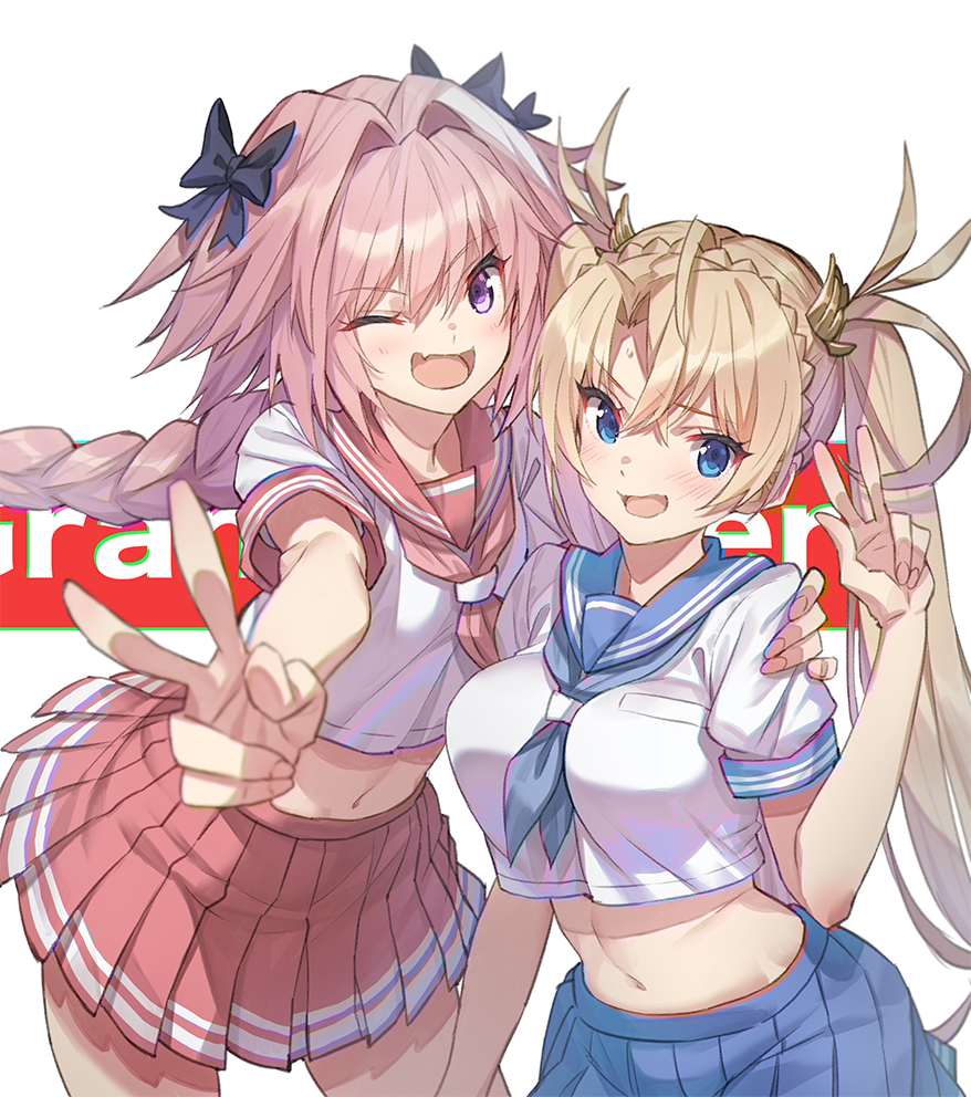 1boy 1girl ahoge astolfo_(fate) bangs black_bow blonde_hair blue_eyes blue_neckwear blue_sailor_collar blue_skirt blush bow bradamante_(fate/grand_order) braid breasts crown_braid fang fate/apocrypha fate/grand_order fate_(series) hair_between_eyes hair_bow hair_ornament large_breasts long_hair looking_at_viewer matching_outfit midriff navel neckerchief one_eye_closed open_mouth otoko_no_ko pink_hair pink_neckwear pink_sailor_collar pink_skirt pleated_skirt sailor_collar saitou_masatsugu school_uniform serafuku single_braid skin_fang skirt smile twintails v very_long_hair violet_eyes wavy_mouth white_background