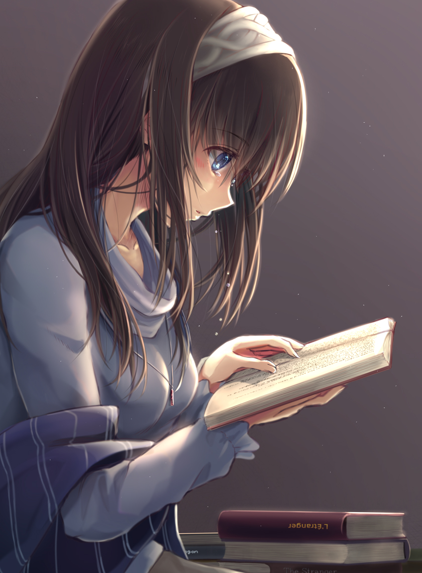 1girl arigato_(rmskrtkdlqj) bangs black_hair blue_eyes blue_shirt blush book book_stack breasts collarbone frilled_sleeves frills from_side grey_background hairband holding holding_book idolmaster idolmaster_cinderella_girls jewelry long_hair long_sleeves looking_down medium_breasts necklace open_book parted_lips pendant reading sagisawa_fumika shawl shirt sidelocks sitting solo tears turtleneck upper_body white_hairband