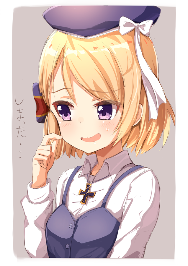 1girl ame. azur_lane bangs beret blonde_hair blue_dress blue_headwear blush bow collared_shirt commentary_request dress dress_shirt eyebrows_visible_through_hair grey_background hair_bow hat hat_bow iron_cross looking_away nervous_smile open_mouth scratching_cheek shirt short_hair sleeveless sleeveless_dress smile solo striped striped_bow sweat translated two-tone_background upper_body white_background white_bow white_shirt z23_(azur_lane)