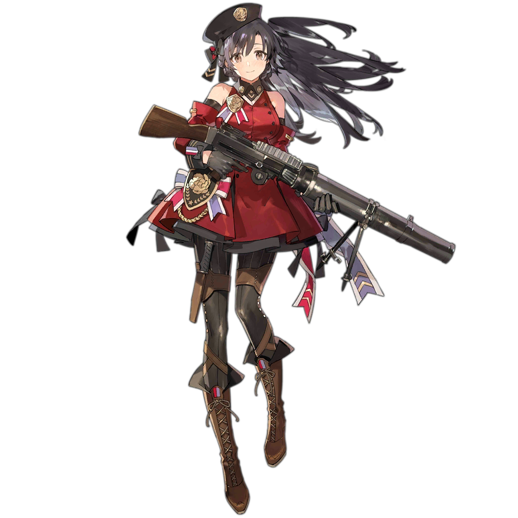1girl bangs black_gloves black_hair black_headwear black_pants blush boots braid breasts brown_eyes brown_footwear buttons closed_mouth collared_dress combat_knife cross-laced_footwear detached_sleeves dress floating_hair full_body girls_frontline gloves gun hair_between_eyes hair_ornament hair_ribbon hat holding holding_gun holding_weapon knee_boots knife knife_holster lace-up_boots large_breasts lewis_(girls_frontline) light_machine_gun long_hair looking_at_viewer medal official_art pants red_dress ribbon side_ponytail sidelocks sleeve_cuffs smile solo starshadowmagician thigh_strap transparent_background trigger_discipline tripod watermark weapon wind
