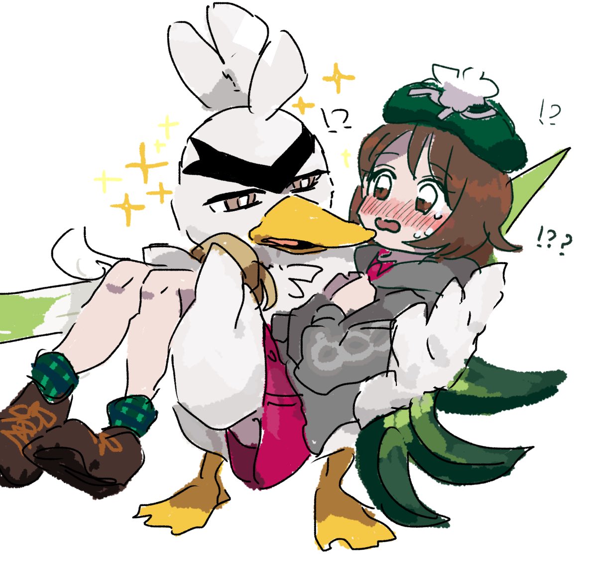 !? 1girl blush brown_footwear brown_hair carrying female_protagonist_(pokemon_swsh) gen_8_pokemon green_headwear pokemon pokemon_(creature) pokemon_(game) pokemon_swsh princess_carry simple_background sirfetch'd sketch skirt socks sparkle spring_onion tam_o'_shanter tears white_background