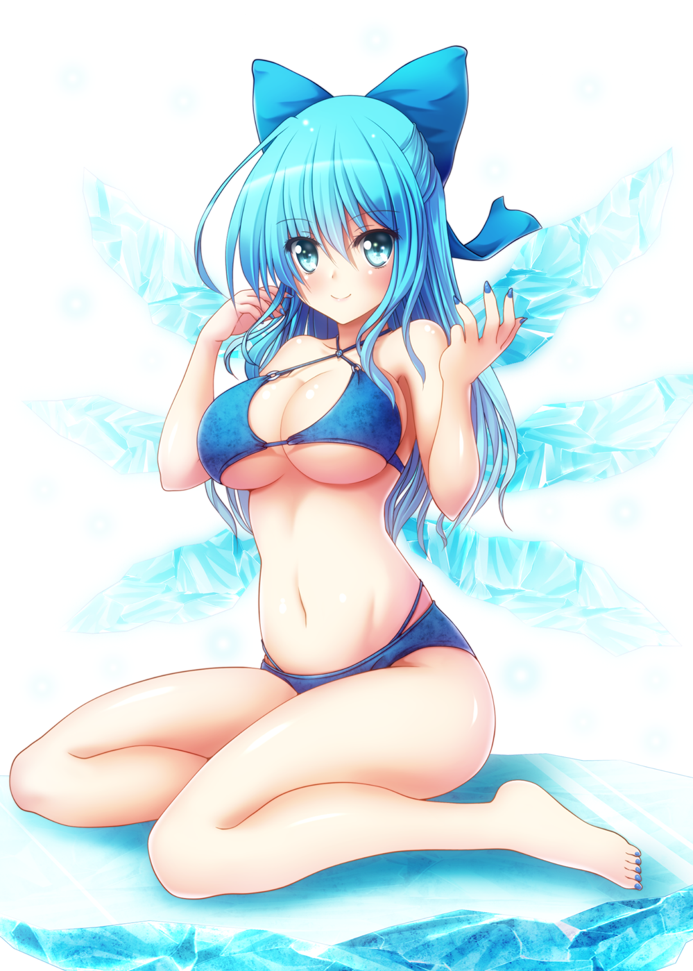 1girl alternate_breast_size bangs bare_arms bare_legs bare_shoulders barefoot blue_bow blue_eyes blue_hair blue_nails blush bow breasts cirno collarbone commentary_request criss-cross_halter eyebrows_visible_through_hair groin hair_between_eyes hair_bow halterneck hands_up highres ice ice_wings large_breasts long_hair looking_at_viewer nail_polish navel o-ring o-ring_bikini older osashin_(osada) shadow simple_background sitting smile solo stomach thighs toenail_polish touhou white_background wings yokozuwari