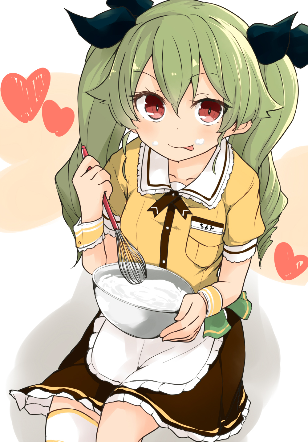 1girl alternate_costume anchovy apron bangs barashiya black_neckwear black_ribbon black_skirt blouse closed_mouth coco's collared_blouse commentary drill_hair eyebrows_visible_through_hair food food_on_face frilled_apron frilled_skirt frills girls_und_panzer green_hair hair_ribbon heart highres holding long_hair looking_at_viewer miniskirt mixing_bowl name_tag neck_ribbon pleated_skirt red_eyes ribbon short_sleeves sitting skirt smile solo thigh-highs twin_drills twintails waist_apron waitress whipped_cream whisk white_apron white_legwear wrist_cuffs yellow_blouse