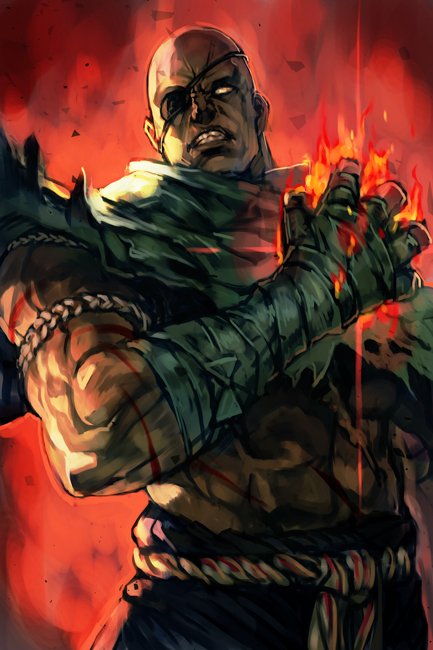 1boy abs bald cleft_chin eyepatch fire glowing hand_up hand_wraps hankuri male_focus muscle no_pupils robe rope rope_belt sagat scar shirtless simple_background solo street_fighter street_fighter_v