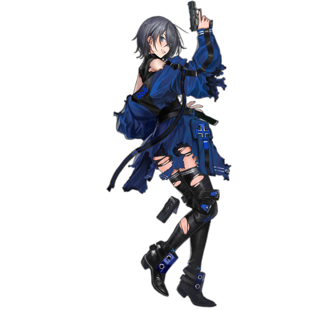 1girl ankle_guards baggy_clothes bangs black_legwear blue_coat blue_eyes boots breasts coat corset damaged earrings eyebrows_visible_through_hair from_side full_body girls_frontline grey_hair grin gun hair_between_eyes handgun holding holding_gun holding_weapon infukun jewelry long_sleeves looking_at_viewer magazine_(weapon) official_art p22_(girls_frontline) parted_lips short_hair shoulder_cutout sidelocks skindentation sleeves_past_wrists smile solo standing standing_on_one_leg strap stud_earrings thigh-highs thigh_boots torn_boots torn_clothes transparent_background trigger_discipline turtleneck walther_p22 watermark weapon zipper