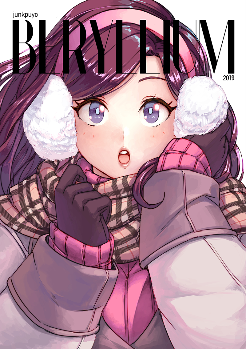 1girl 2019 bangs beryl_(junkpuyo) black_gloves blue_eyes blush coat cover cover_page earmuffs gloves hand_on_earmuffs junkpuyo lips long_hair magazine_cover open_mouth original pink_sweater plaid plaid_scarf purple_hair ribbed_sweater scarf solo sweater swept_bangs winter_clothes winter_coat