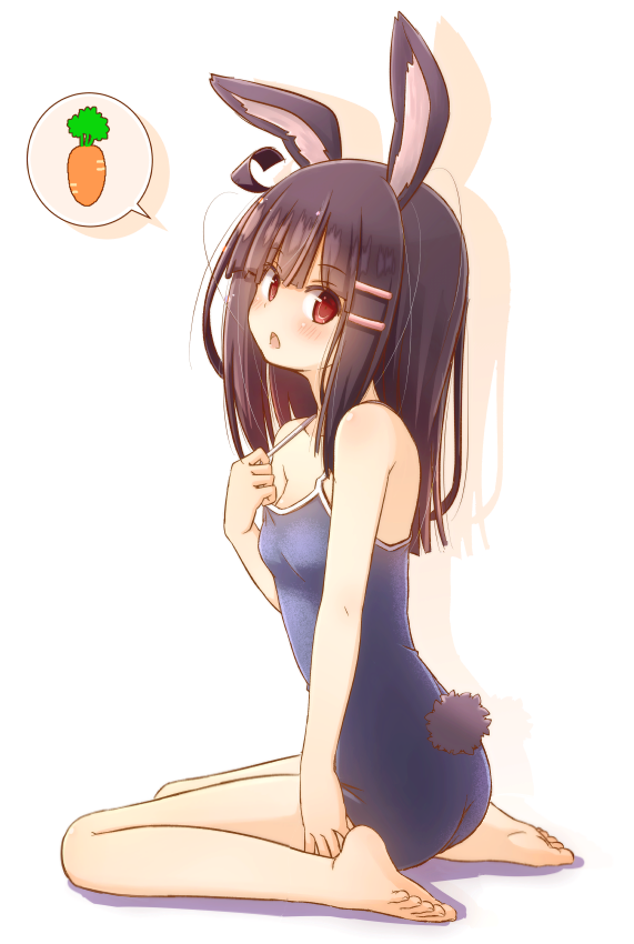 1girl animal_ears bangs bare_arms bare_legs bare_shoulders barefoot blue_swimsuit blush breasts brown_hair bunny_girl bunny_tail carrot colored_shadow commentary_request competition_school_swimsuit drop_shadow eyebrows_visible_through_hair fujisaki_yuu full_body hair_ornament hairclip hand_up long_hair one-piece_swimsuit original parted_lips rabbit_ears red_eyes shadow sitting small_breasts solo spoken_food swimsuit tail toenails wariza