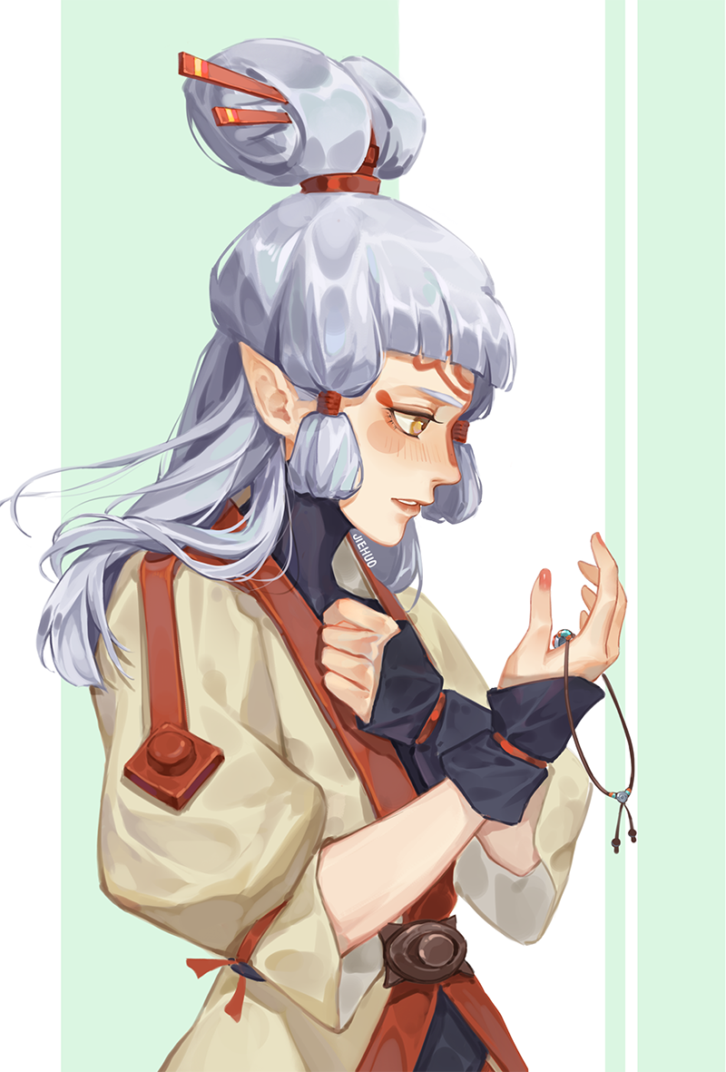 1girl artist_name bangs blush breasts brown_eyes commentary_request facial_mark forehead_mark from_side hair_ornament hair_tubes long_hair paya_(zelda) pointy_ears solo the_legend_of_zelda white_hair zhaoye