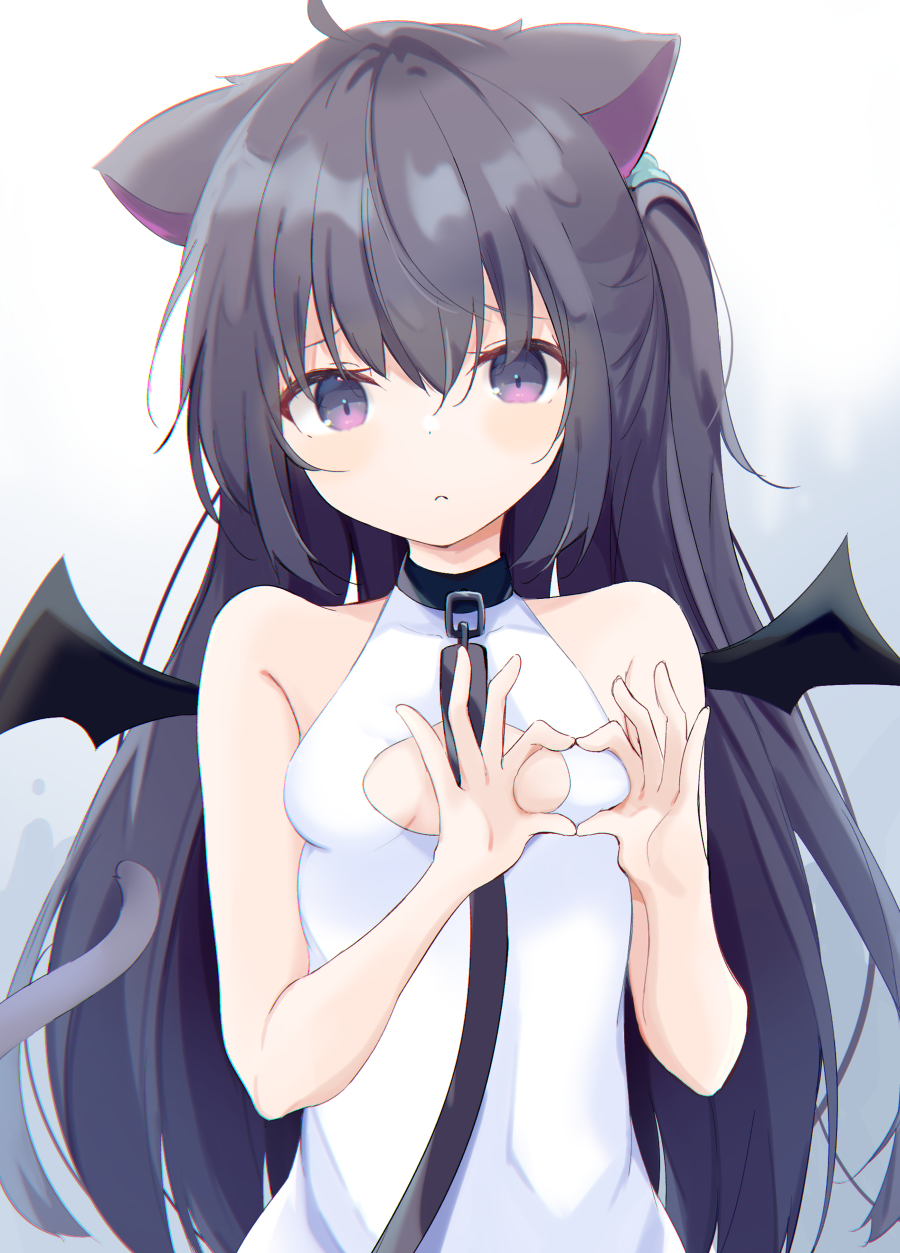 1girl animal_ears bangs bare_arms bare_shoulders black_hair black_wings blush breasts cat_ears cat_girl cat_tail cleavage_cutout closed_mouth clothing_cutout commentary_request dress eyebrows_visible_through_hair hair_between_eyes hands_up heart heart_hands highres kyuukon_(qkonsan) leash long_hair mini_wings original sleeveless sleeveless_dress small_breasts solo tail upper_body very_long_hair violet_eyes white_dress wings