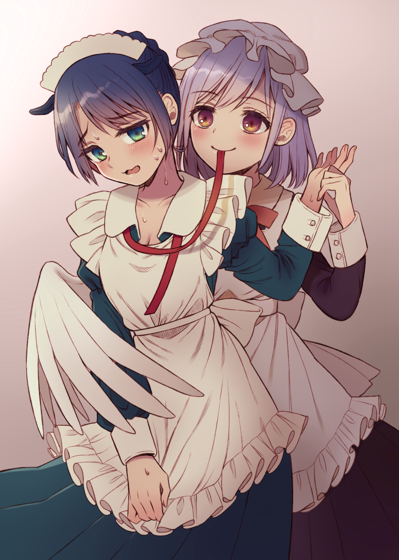 2girls alternate_costume animal_ears apron apron_hold arm_up behind_another blue_dress blue_hair blush brown_eyes commentary_request cowboy_shot doremy_sweet dress enmaided eyebrows_visible_through_hair gradient gradient_background green_eyes hair_bun hat head_tilt juliet_sleeves kishin_sagume lavender_hair long_sleeves looking_at_viewer maid maid_headdress mob_cap mouth_hold multiple_girls open_mouth puffy_sleeves purple_background retota ribbon ribbon_in_mouth short_hair single_wing smile sweat tapir_ears touhou wavy_mouth white_headwear wings wrist_grab yuri