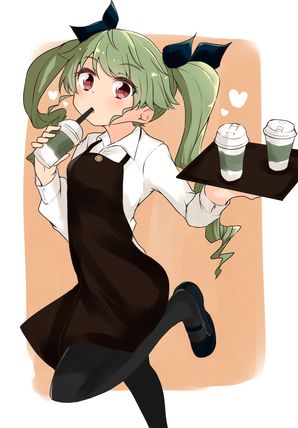 1girl alternate_costume anchovy apron barashiya black_apron black_legwear black_skirt blush brown_background coffee collared_shirt cup disposable_cup drill_hair drinking drinking_straw eyebrows_visible_through_hair girls_und_panzer green_hair heart highres holding holding_cup holding_tray leg_up long_hair long_sleeves looking_at_viewer mary_janes miniskirt outside_border pantyhose red_eyes shirt shoes skirt solo standing standing_on_one_leg tray twin_drills twintails waitress white_shirt