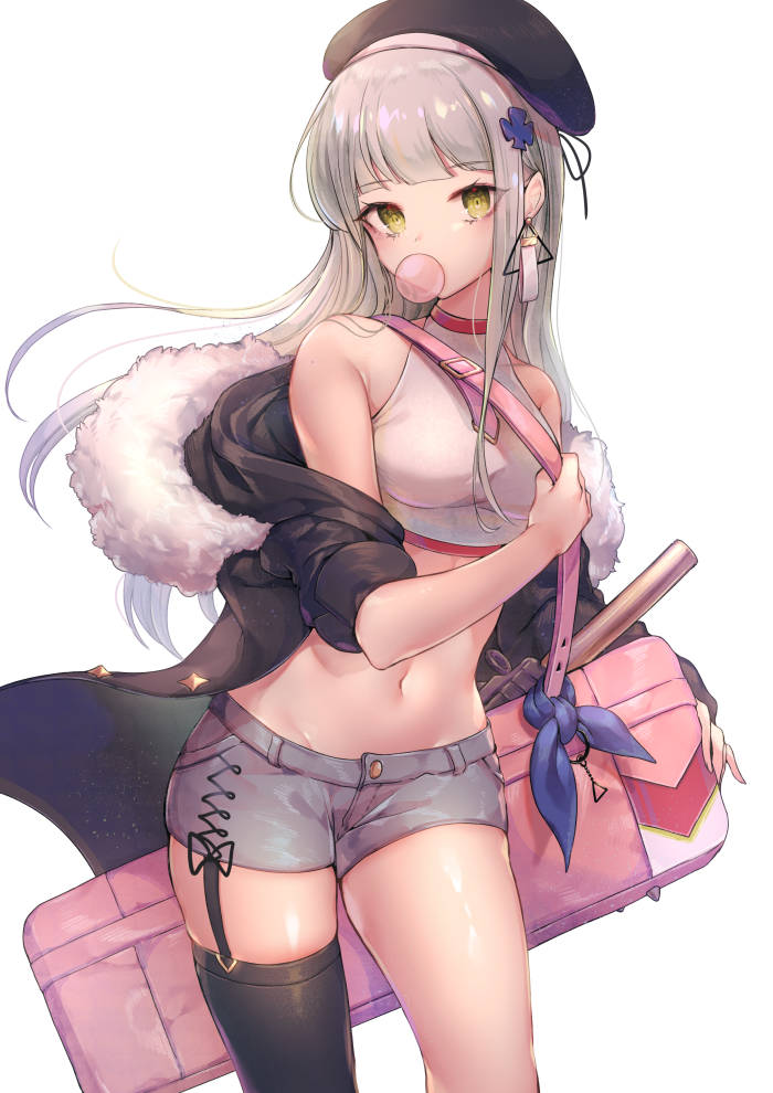 1girl bangs bare_shoulders beret black_headwear black_jacket black_legwear breasts bubble_blowing chewing_gum commentary crop_top earrings eyebrows_visible_through_hair fur-trimmed_hood fur_trim garter_straps girls_frontline green_eyes grey_shorts hair_ornament hat hk416_(girls_frontline) holding_strap hood hood_down hooded_jacket jacket jewelry long_hair looking_at_viewer midriff navel off_shoulder open_clothes open_jacket ozzingo shirt short_shorts shorts silver_hair simple_background single_thighhigh sleeveless sleeveless_shirt small_breasts solo symbol_commentary thigh-highs very_long_hair white_background white_shirt