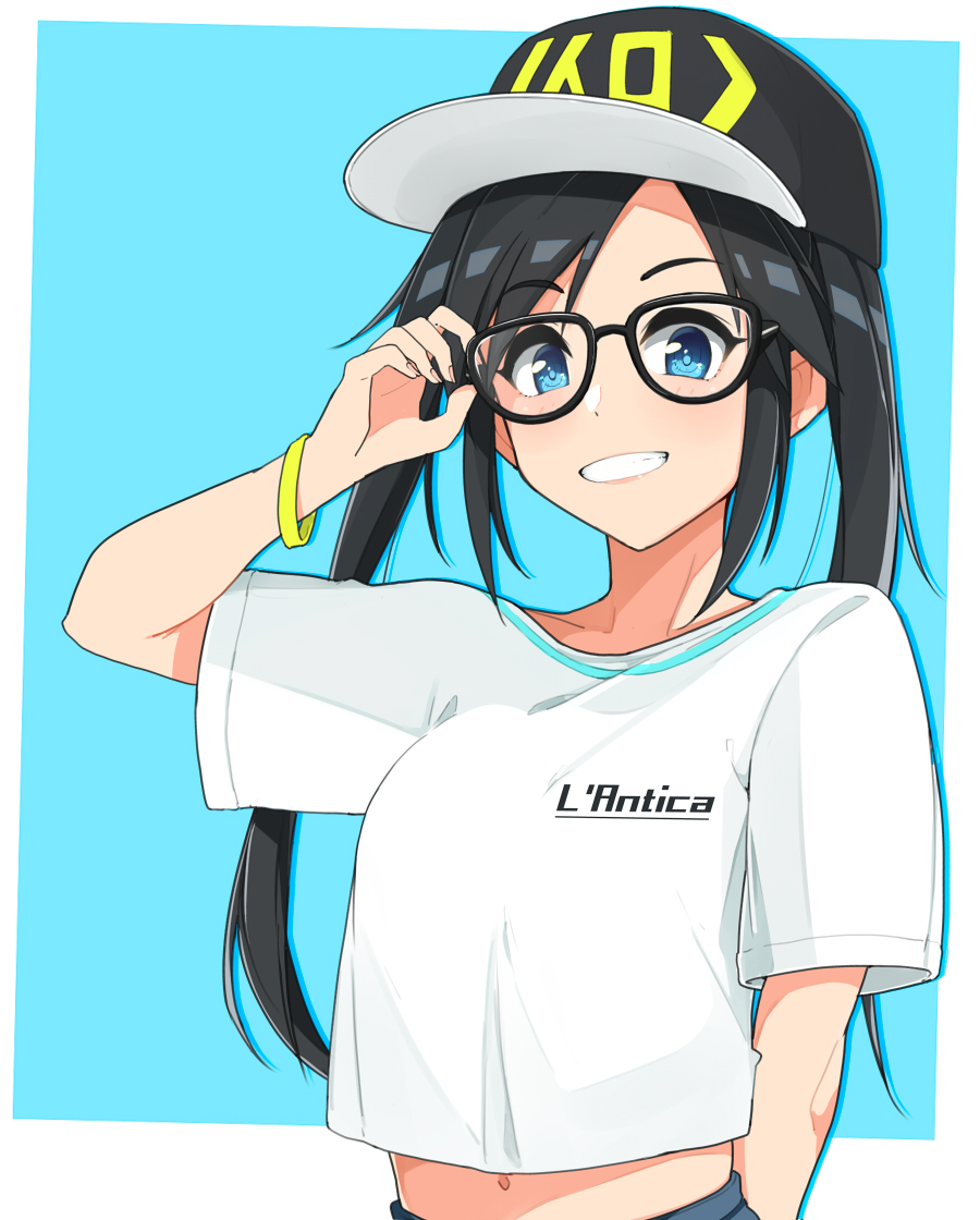 1girl arm_behind_back bangs baseball_cap black-framed_eyewear black_hair blue_background blue_eyes breasts collarbone commentary_request eyebrows_visible_through_hair glasses grin haseneko hat idolmaster idolmaster_cinderella_girls long_hair looking_at_viewer medium_breasts navel shirt simple_background smile solo upper_body white_shirt