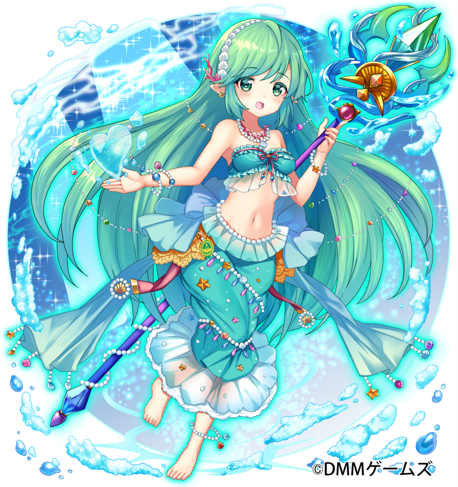 1girl breasts bubble copyright_request green_eyes green_hair heart heart_bubbles jewelry long_hair medium_breasts meisuke_mei midriff navel necklace official_art pearl_(gemstone) pearl_necklace pointy_ears shell smile solo starfish underwater very_long_hair wand