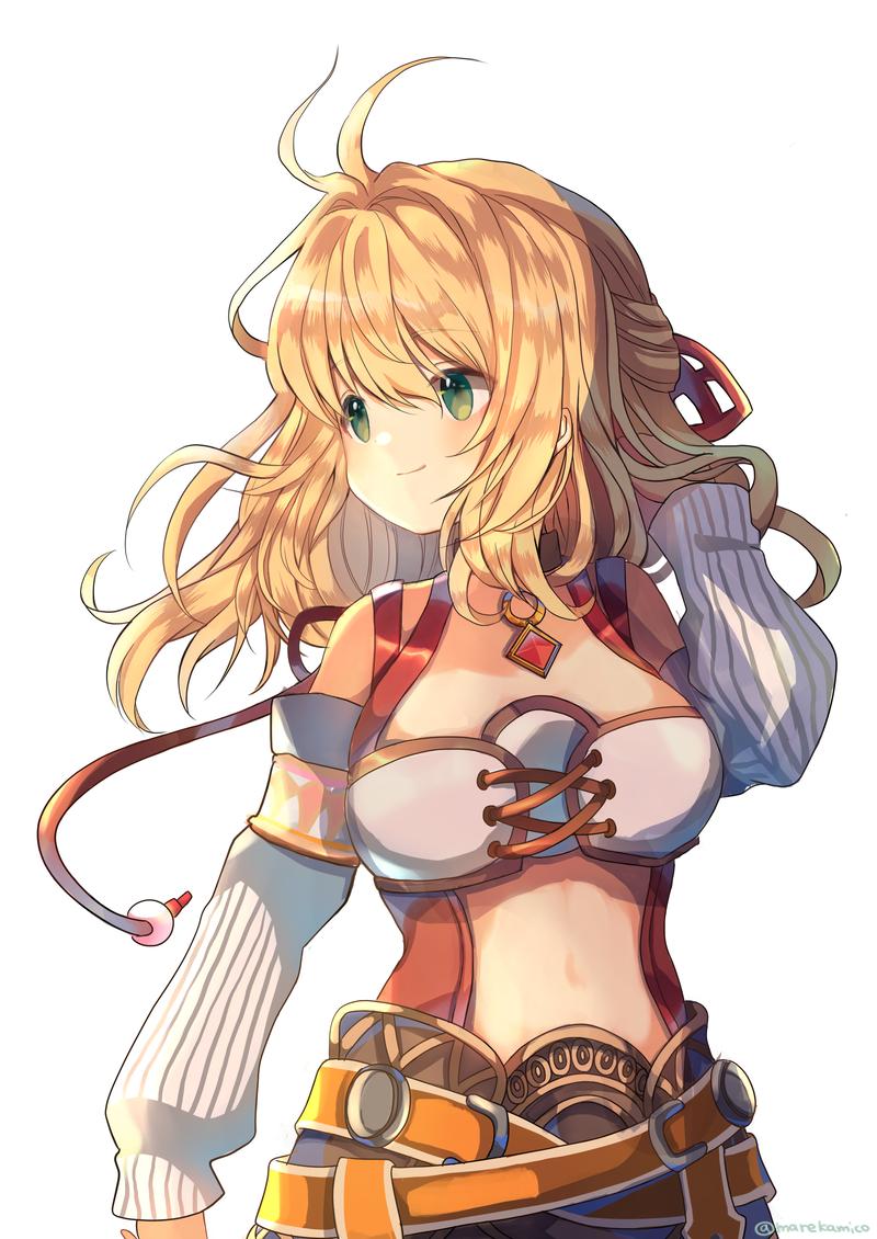 1girl ahoge bangs blonde_hair blush breasts fiorun gloves green_eyes large_breasts long_hair navel short_hair simple_background smile solo thigh-highs umika35 white_background xenoblade_(series) xenoblade_1