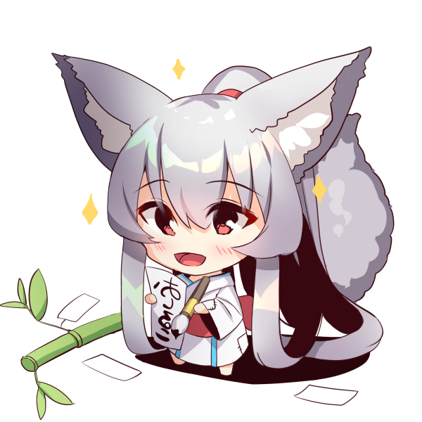 1girl :d absurdly_long_hair animal_ear_fluff animal_ears bamboo bangs barefoot blush calligraphy_brush chibi eyebrows_visible_through_hair fox_ears fox_girl fox_tail full_body hair_between_eyes high_ponytail holding holding_paintbrush japanese_clothes kimono long_hair long_sleeves looking_away obi open_mouth original paintbrush patches ponytail red_eyes sash sidelocks silver_hair smile solo sparkle standing tail tail_raised tanabata tanzaku translated very_long_hair white_background white_kimono wide_sleeves yuuji_(yukimimi)