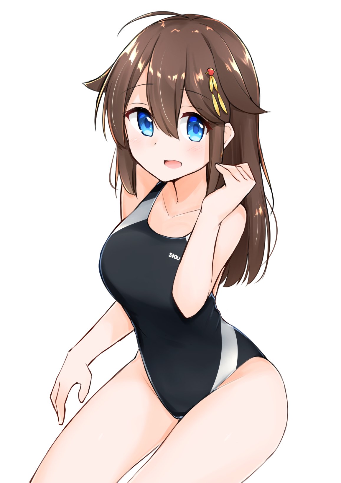 1girl ahoge alternate_hairstyle black_hair black_swimsuit blue_eyes braid commentary_request competition_swimsuit cowboy_shot hair_down hair_flaps hair_over_shoulder highres invisible_chair kantai_collection looking_at_viewer one-piece_swimsuit remodel_(kantai_collection) sakikumo_(sakumo) shigure_(kantai_collection) simple_background single_braid sitting smile solo swimsuit white_background