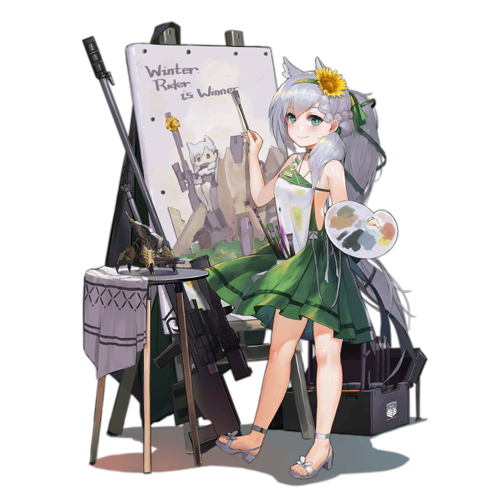 1girl alternate_costume animal_ears anti-materiel_rifle bangs blush braid breasts canvas_(object) choker closed_mouth dress easel flower full_body girls_frontline green_dress green_eyes green_hairband green_ribbon grey_hair gun hair_between_eyes hair_flower hair_ornament hair_over_shoulder hair_ribbon hairband holding holding_paintbrush ksvk_(girls_frontline) ksvk_12.7 long_hair looking_at_viewer official_art paintbrush painting painting_(object) palette pandea_work ponytail ribbon rifle sandals smile sniper_rifle solo standing sunflower table transparent_background very_long_hair weapon younger