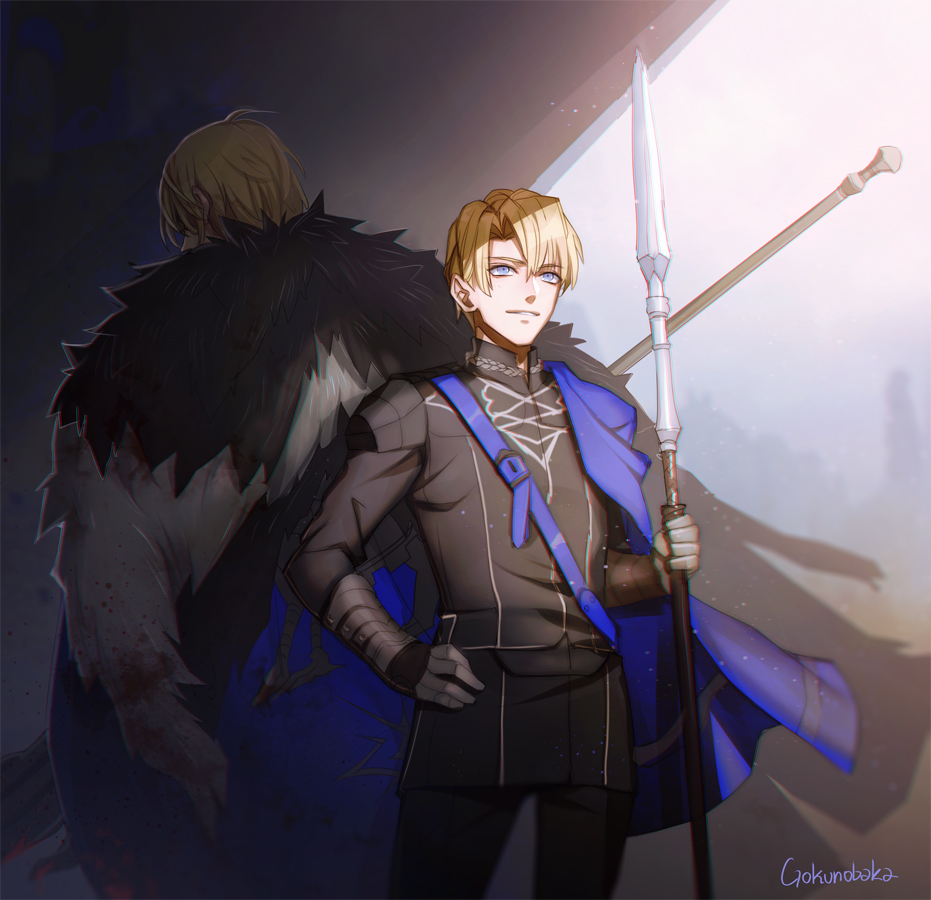 1boy age_progression artist_name back-to-back blonde_hair blue_eyes cape dimitri_alexandre_bladud eyepatch fire_emblem fire_emblem:_three_houses fur_trim gloves gokunobaka polearm solo spear teeth upper_body weapon