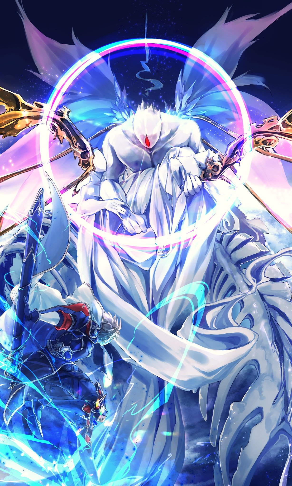 1boy armor battle black_armor black_gloves brown_hair charging_(attack) clothes electricity energy fighting fighting_stance giant gloves god gran_(granblue_fantasy) granblue_fantasy halo highres holding holding_sword holding_weapon leather leather_pants leg_armor light_particles light_rays long_sword malbatrossr muscle pants planet plate_armor ready_to_draw red_armband red_eyes running sheath sheathed shoulder_armor space spines standing standing_on_one_leg sword symbol universe weapon wings