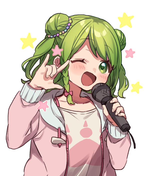 1girl ;d \m/ bangs collarbone double_bun drawstring eyebrows_visible_through_hair fingernails green_eyes green_hair holding holding_microphone hood hood_down hooded_jacket jacket long_sleeves microphone morinaka_kazaki nijisanji one_eye_closed open_clothes open_jacket open_mouth paw_print pink_jacket shirt simple_background smile solo star upper_body virtual_youtuber white_background white_shirt yamabukiiro