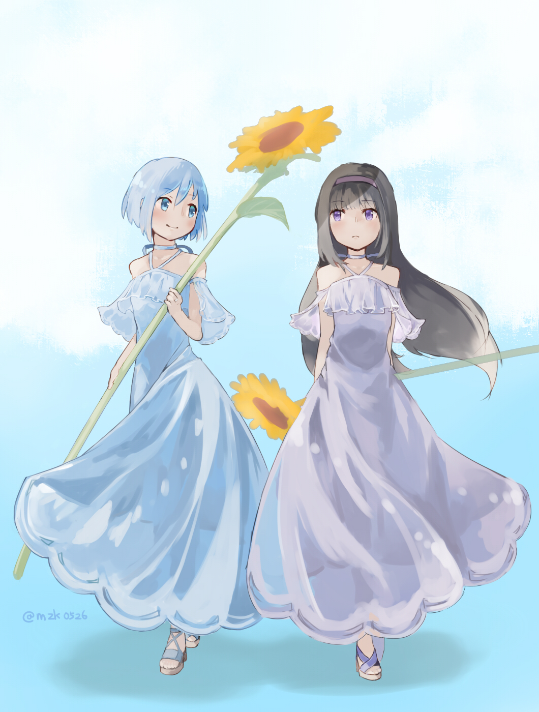 2girls akemi_homura bangs black_hair blue_eyes blue_hair dress flower high_heels highres long_hair looking_at_another mahou_shoujo_madoka_magica miki_sayaka multiple_girls mzk0526 short_hair simple_background smile sunflower twitter_username violet_eyes