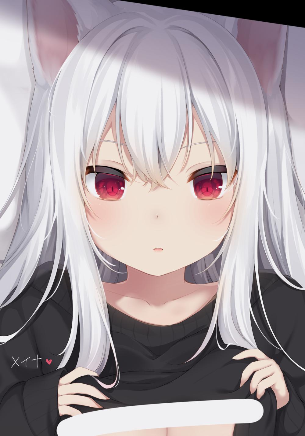 1girl amashiro_natsuki animal_ear_fluff animal_ears bangs bar_censor black_sweater blush censored clothes_lift collarbone commentary_request eyebrows_behind_hair hair_between_eyes heart highres lifted_by_self long_sleeves looking_at_viewer original parted_lips red_eyes silver_hair sleeves_past_wrists solo sweater sweater_lift