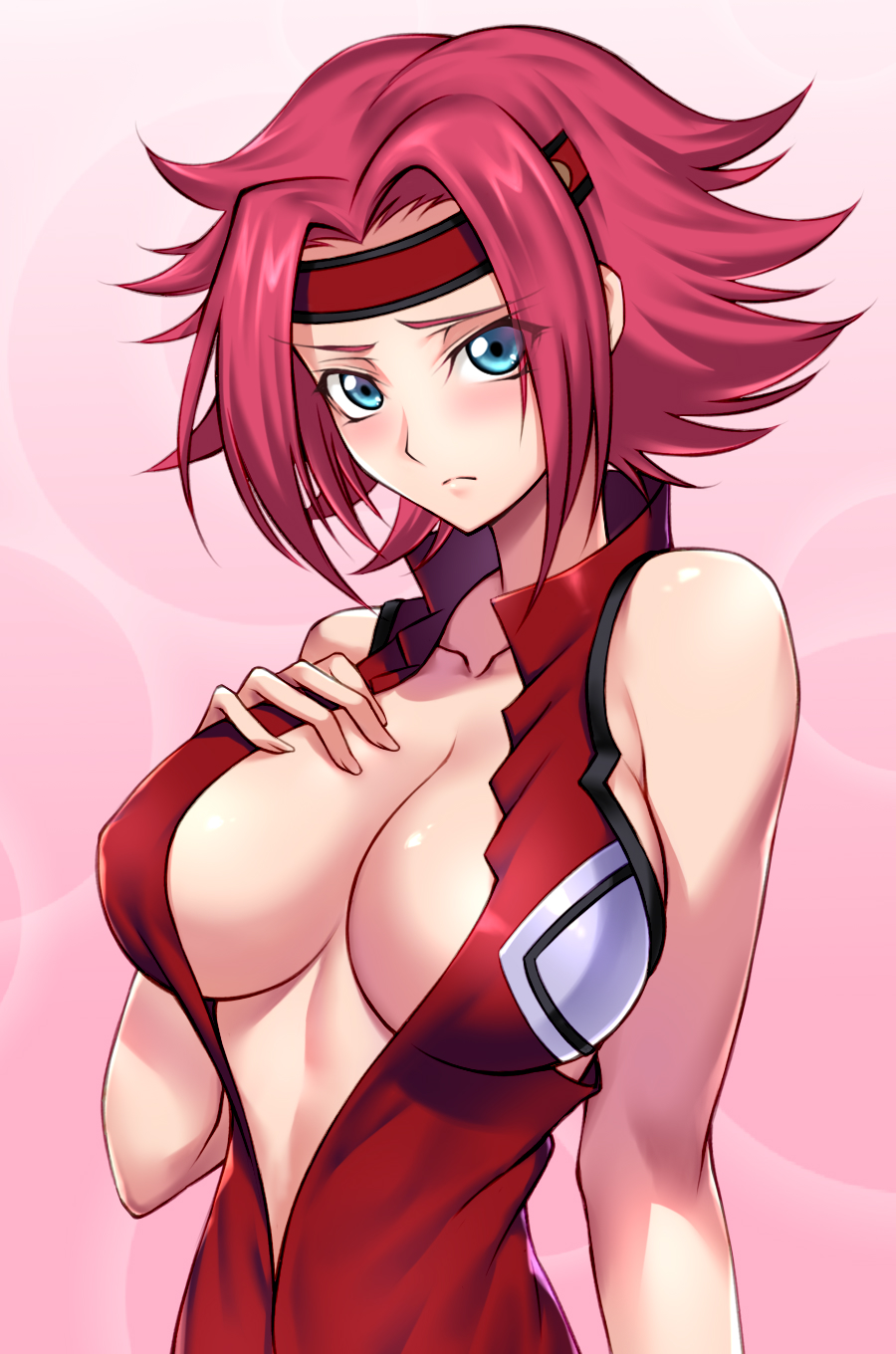 1girl arm_at_side blue_eyes blush breasts center_opening closed_mouth code_geass collarbone commentary_request eyebrows_visible_through_hair hand_on_own_chest hand_up headband highres kallen_stadtfeld large_breasts looking_at_viewer nasaniliu no_bra open_clothes red_headband redhead revision short_hair simple_background sleeveless solo upper_body