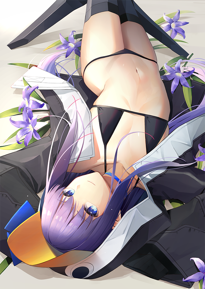 1girl animal_hood bangs bikini black_bikini black_jacket blue_bow blue_eyes bow breasts choker collarbone fate/grand_order fate_(series) flower greaves hood hood_up jacket long_hair long_sleeves looking_at_viewer lying meltryllis meltryllis_(swimsuit_lancer)_(fate) navel on_back open_clothes open_jacket penguin_hood purple_hair sleeves_past_fingers sleeves_past_wrists small_breasts smile solo swimsuit thighs umihotaru_harumare white_background