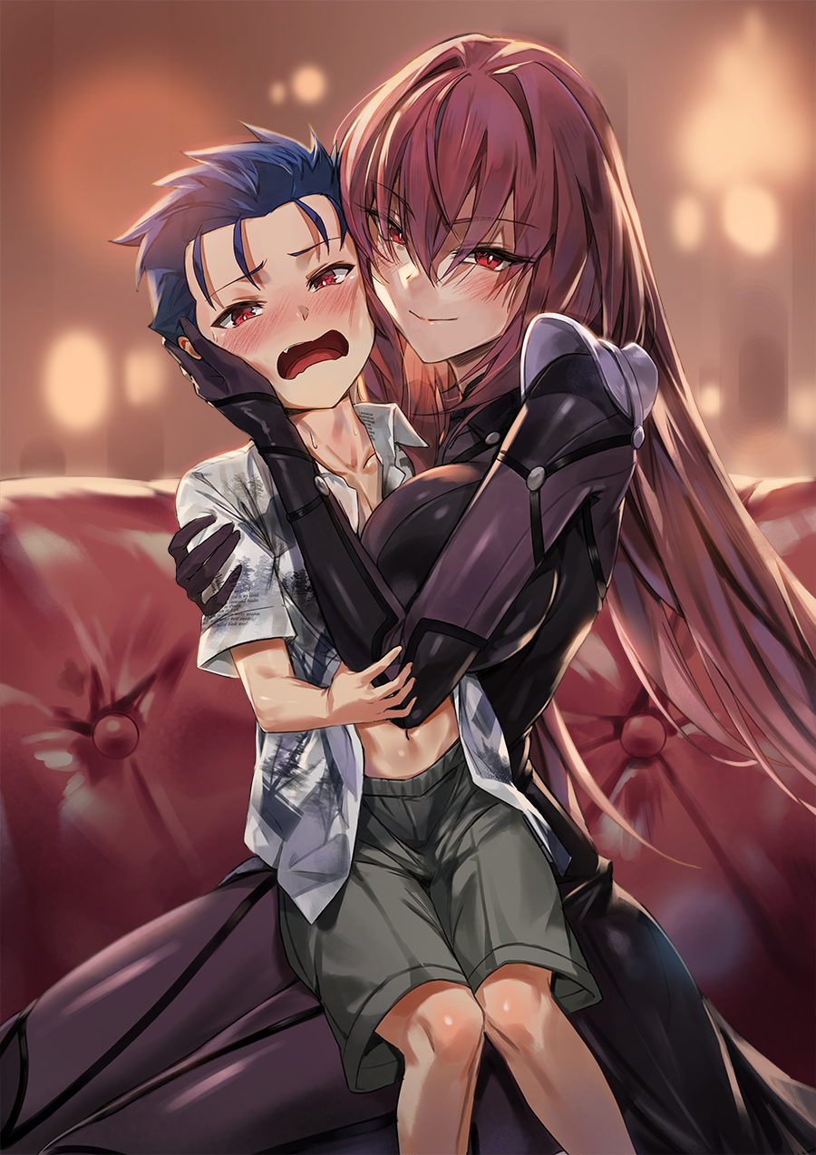 1boy 1girl bangs blue_hair blush bodysuit breasts fang fate/grand_order fate_(series) highres hug lancer large_breasts long_hair looking_at_viewer navel open_mouth purple_bodysuit purple_hair rainmaker red_eyes scathach_(fate)_(all) scathach_(fate/grand_order) shorts sitting sweatdrop younger