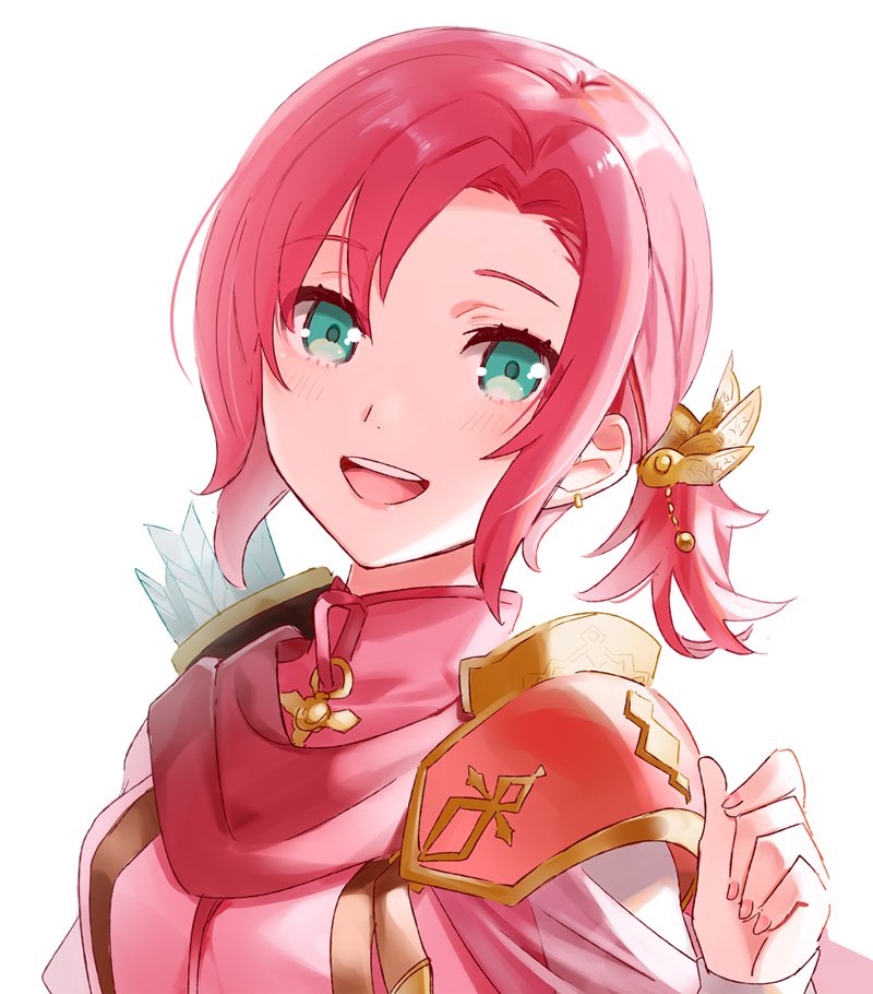 1girl arrow fire_emblem fire_emblem:_mystery_of_the_emblem fire_emblem_heroes green_eyes hair_ornament menoko norne_(fire_emblem) open_mouth quiver redhead simple_background solo upper_body white_background