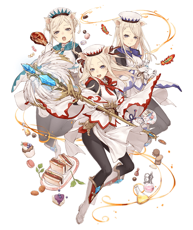 3girls animal_ears blonde_hair cake cosplay feathers final_fantasy food full_body gloves hat ji_no macaron multiple_girls official_art pantyhose pig_ears plump sandwich sinoalice skinny smile staff three_little_pigs_(sinoalice) transparent_background upper_teeth vial violet_eyes white_mage white_mage_(cosplay) wide_sleeves