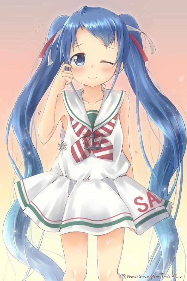 1girl anchor artist_name bangs bare_legs blue_eyes blue_hair blush collarbone commentary_request cosplay dress gradient gradient_background grecale_(kantai_collection) grecale_(kantai_collection)_(cosplay) hair_ribbon kantai_collection long_hair looking_at_viewer mae_(maesanpicture) neckerchief one_eye_closed ribbon sailor_collar sailor_dress samidare_(kantai_collection) scratching_cheek sidelocks sleeveless sleeveless_dress smile solo striped striped_neckwear swept_bangs twintails very_long_hair white_sailor_collar