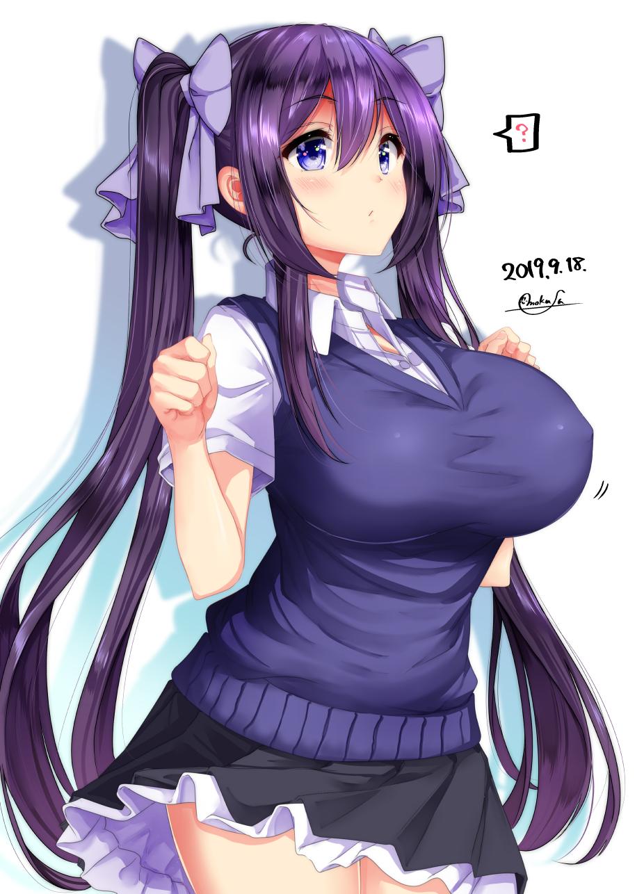 1girl ? black_skirt blush bow breasts character_request collared_shirt commentary_request copyright_request dated eyebrows_visible_through_hair hair_between_eyes hair_bow highres huge_breasts impossible_clothes long_hair mokufuu pleated_skirt purple_bow purple_hair purple_vest school_uniform shirt skirt solo twintails twitter_username vest violet_eyes white_shirt