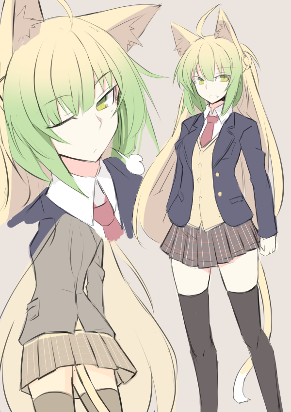 1girl ahoge alternate_costume animal_ears arms_at_sides atalanta_(fate) black_legwear blazer blonde_hair cat_ears cat_tail commentary_request fate/apocrypha fate_(series) from_below green_eyes green_hair grey_background jacket multicolored_hair multiple_views nahu necktie one_eye_closed plaid plaid_skirt school_uniform sigh sketch skirt tail thigh-highs thighs vest