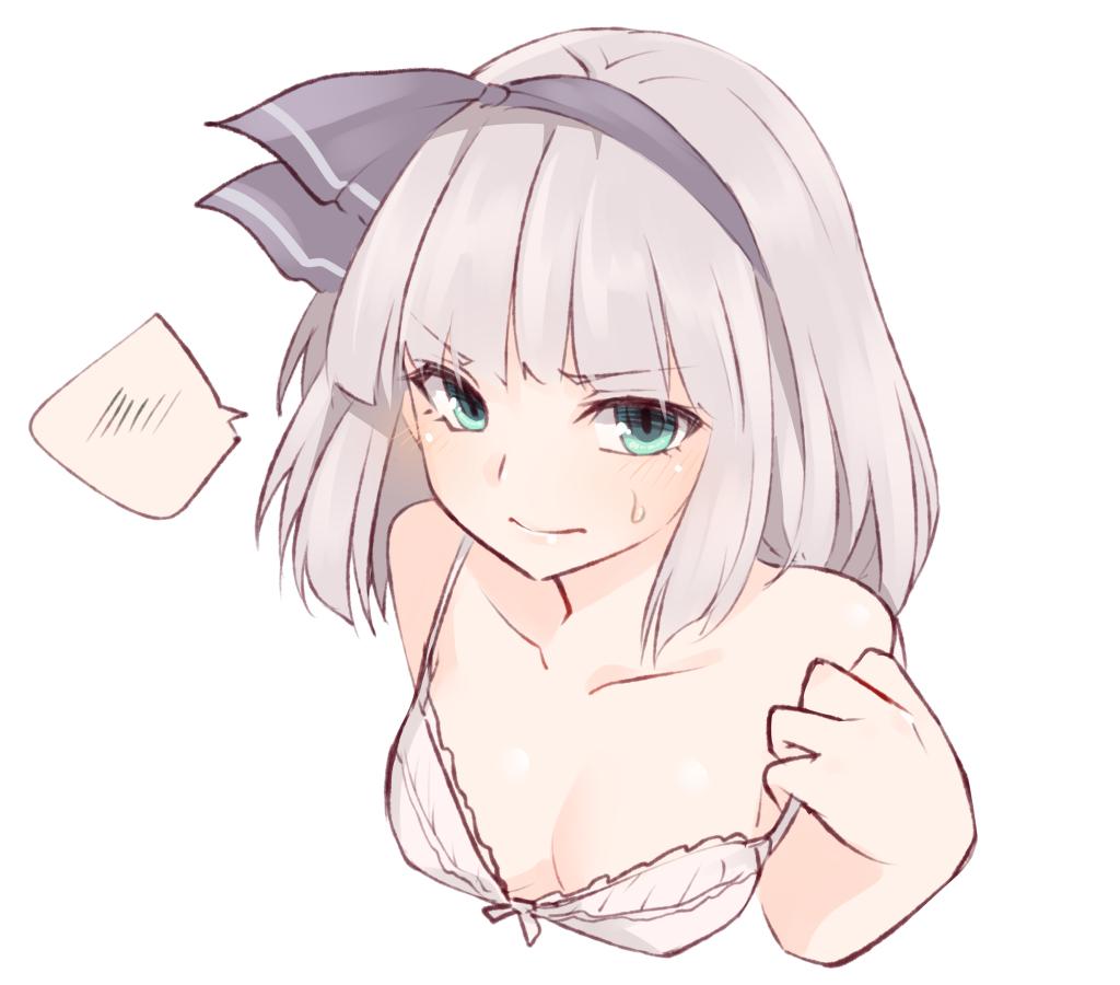 1girl bangs bare_shoulders blush bra breasts collarbone commentary_request cropped_torso eyebrows_visible_through_hair green_eyes grey_hairband grey_ribbon hair_ribbon hairband hand_up konpaku_youmu looking_at_viewer medium_breasts miyo_(ranthath) ribbon short_hair silver_hair simple_background solo spoken_blush strap_slip sweat touhou underwear upper_body v-shaped_eyebrows white_background white_bra
