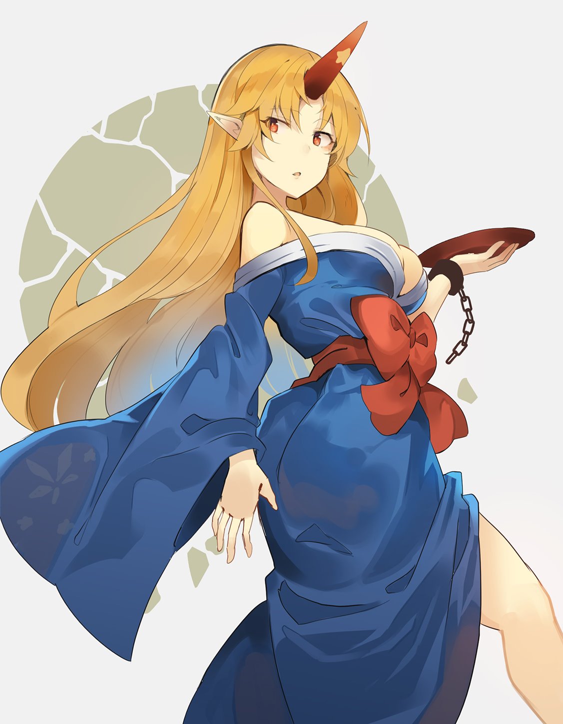 1girl bangs bare_shoulders blonde_hair blue_hair blue_kimono breasts chain commentary_request cuffs cup eyebrows_visible_through_hair feet_out_of_frame gradient_hair grey_background hand_up highres holding holding_cup horn hoshiguma_yuugi hoshiguma_yuugi_(promo) japanese_clothes kimono large_breasts long_hair looking_at_viewer multicolored_hair off_shoulder parted_lips pointy_ears red_eyes red_sash rin_falcon sakazuki sash shackles sidelocks simple_background solo standing star touhou