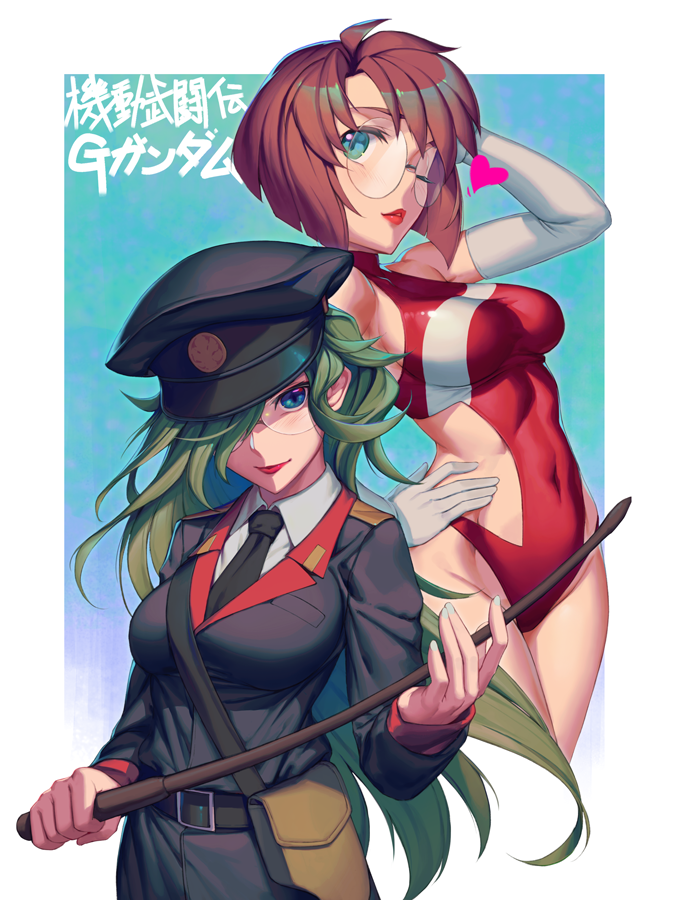 2girls belt blue_eyes bunny_higgins copyright_name elbow_gloves g_gundam gloves green_hair gundam hair_over_one_eye hat holster looking_at_viewer military military_uniform multiple_girls nastasha_zabigov necktie one_eye_closed redhead riding_crop rotix round_eyewear sam_browne_belt short_hair uniform white_gloves