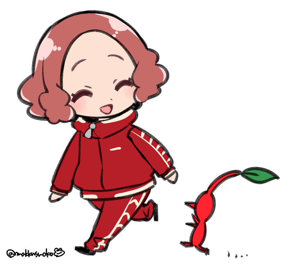 1girl ^_^ brown_hair chibi closed_eyes do_m_kaeru flat_color full_body jacket long_sleeves okumura_haru open_mouth pants persona persona_5 pikmin_(creature) pikmin_(series) red_jacket red_pants short_hair simple_background smile track_jacket track_pants track_suit twitter_username walking white_background |d
