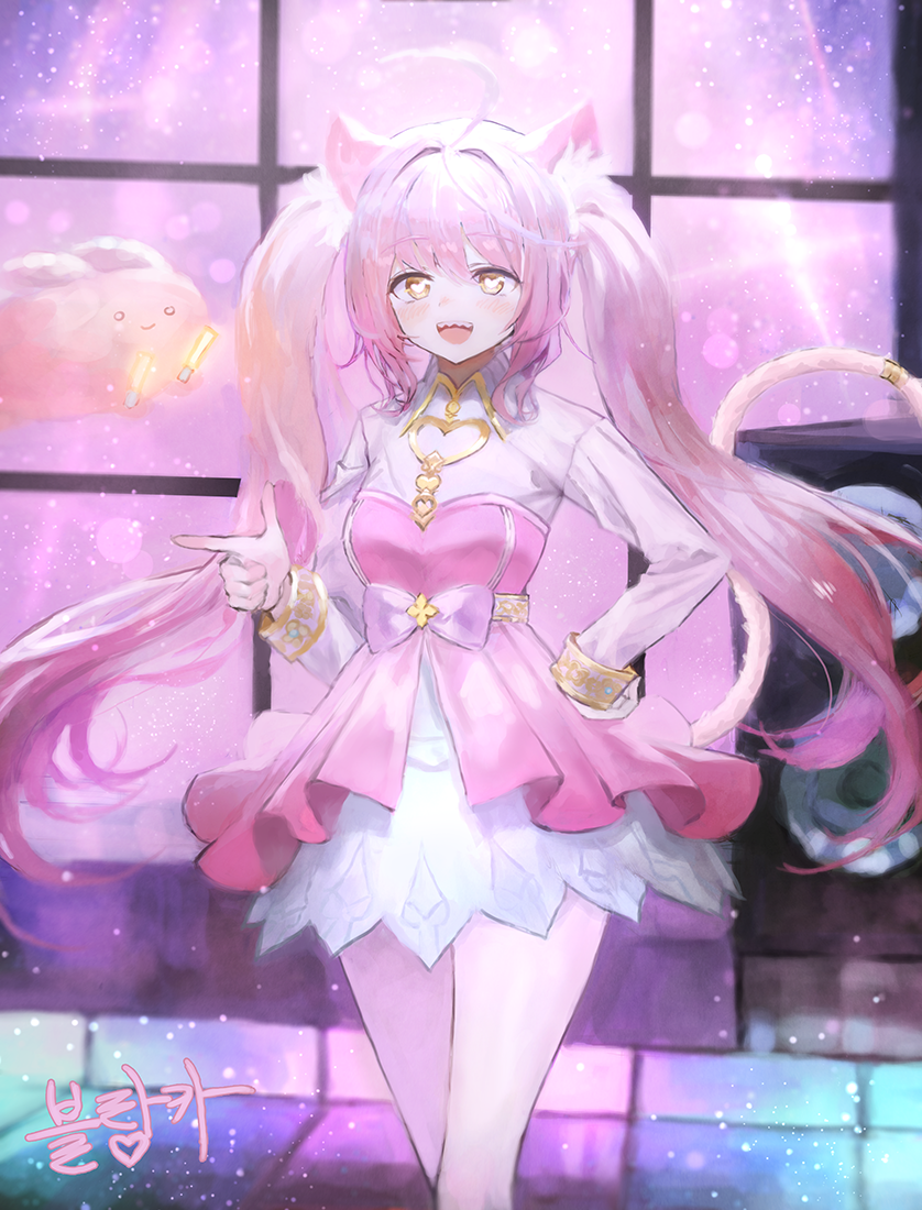 1girl ahoge animal_ears bangs brown_eyes cat_ears cat_tail commission dress elsword finger_gun glowstick hand_on_hip heart heart-shaped_pupils indoors open_mouth pink_hair sharp_teeth sonchi standing symbol-shaped_pupils tail teeth twintails white_dress window