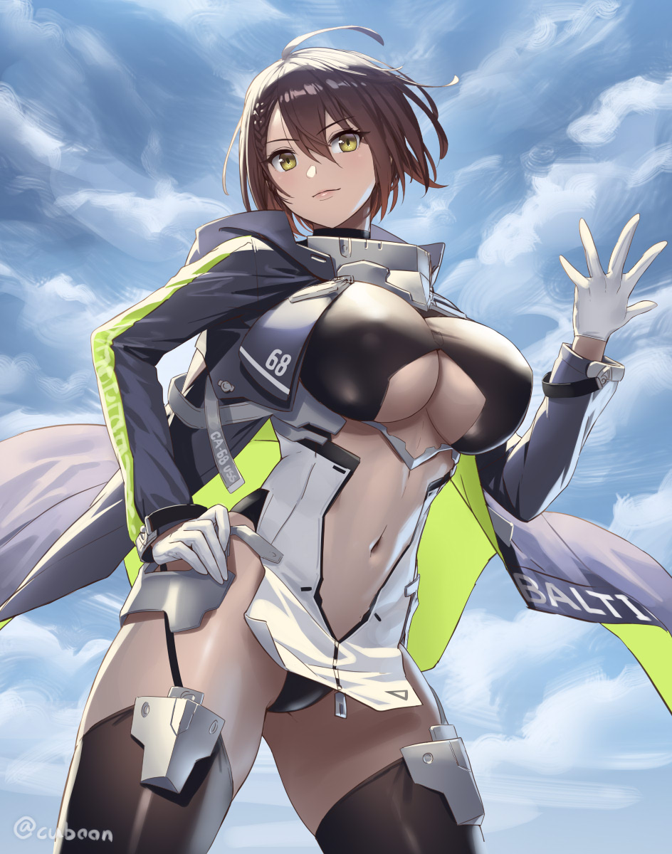 1girl ahoge azur_lane baltimore_(azur_lane) bangs black_legwear blue_coat blue_sky blush braid breasts brown_hair center_opening closed_mouth cuboon hair_between_eyes hand_on_hip highres hooded_coat large_breasts looking_at_viewer midriff_cutout navel short_hair sky smile solo thigh-highs thighs underboob_cutout yellow_eyes zipper_pull_tab