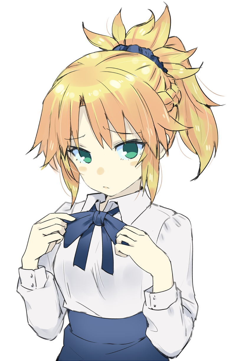 1girl adjusting_clothes artoria_pendragon_(all) blonde_hair blue_ribbon blue_scrunchie blue_skirt braid commentary_request cosplay fate/apocrypha fate/grand_order fate/stay_night fate_(series) french_braid frown gedou_(ge_ge_gedou) green_eyes hair_ornament hair_scrunchie highres long_hair long_sleeves looking_at_viewer mordred_(fate) mordred_(fate)_(all) ponytail ribbon saber saber_(cosplay) scrunchie shirt skirt upper_body white_background white_shirt