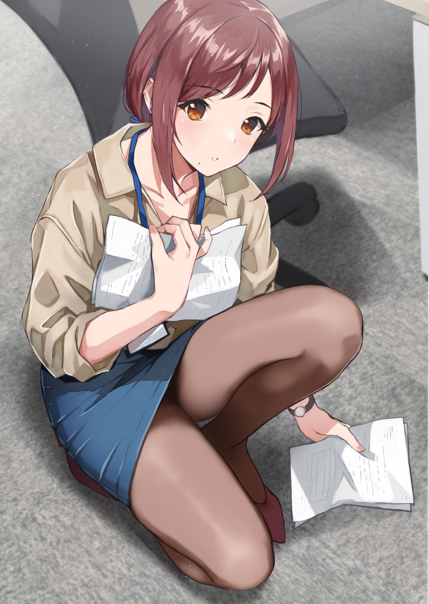 1girl blue_skirt brown_legwear brown_shirt chair collarbone collared_shirt commentary_request doushimasho flats highres holding lanyard long_sleeves looking_at_viewer miniskirt mole mole_under_mouth office_chair office_lady one_knee original pantyhose paper parted_lips pencil_skirt red_eyes redhead shadow shirt short_hair sidelocks skirt solo uniform watch watch