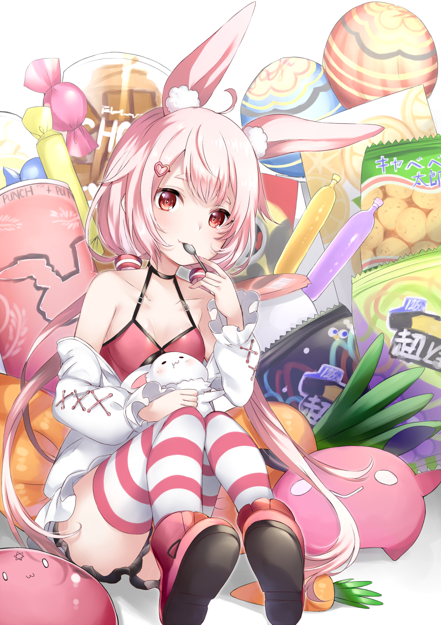 1girl animal_ear_fluff animal_ears bag_of_chips bangs boots candy candy_wrapper closed_mouth commentary_request eyebrows_visible_through_hair fang fang_out food hair_ornament heart heart_hair_ornament highres holding holding_spoon jacket lollipop long_hair long_sleeves looking_at_viewer low_twintails mashiro_aa off_shoulder open_clothes open_jacket pink_footwear pink_hair puffy_long_sleeves puffy_sleeves rabbit_ears red_camisole red_eyes shoe_soles short_eyebrows sitting smile solo spoon striped striped_legwear thick_eyebrows thigh-highs thighhighs_under_boots tomari_mari tomari_mari_channel tupet twintails very_long_hair virtual_youtuber white_background white_jacket