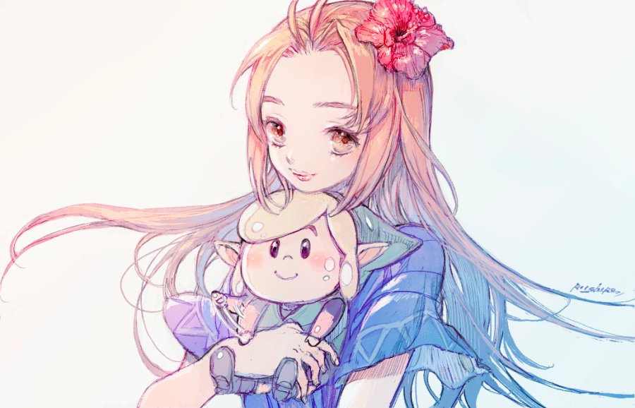 1girl blonde_hair blue_dress blue_eyes brown_hair doll dress flower hair_flower hair_ornament hat hibiscus jewelry link long_hair marin_(the_legend_of_zelda) necklace open_mouth pointy_ears redhead simple_background smile solo the_legend_of_zelda the_legend_of_zelda:_link's_awakening tsutsumi_riichirou