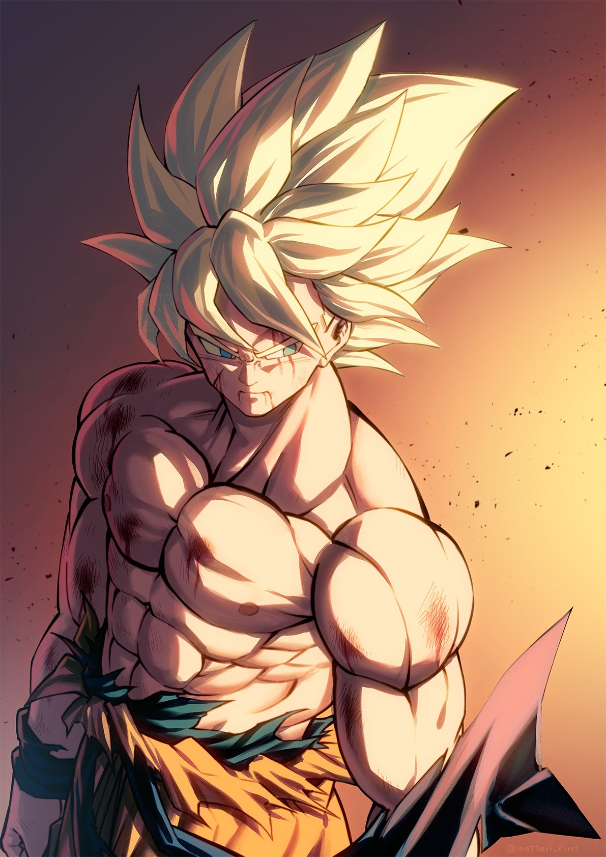 1boy abs arms_at_sides backlighting blonde_hair blood blood_from_mouth blood_on_face blue_eyes chest dark_background dragon_ball dragon_ball_z dust dust_particles floating_hair from_above frown gradient gradient_background highres looking_afar male_focus mattari_illust muscle orange_background pants red_background serious shaded_face shirt simple_background son_gokuu spiky_hair standing super_saiyan torn_clothes torn_pants torn_shirt upper_body wristband yellow_background