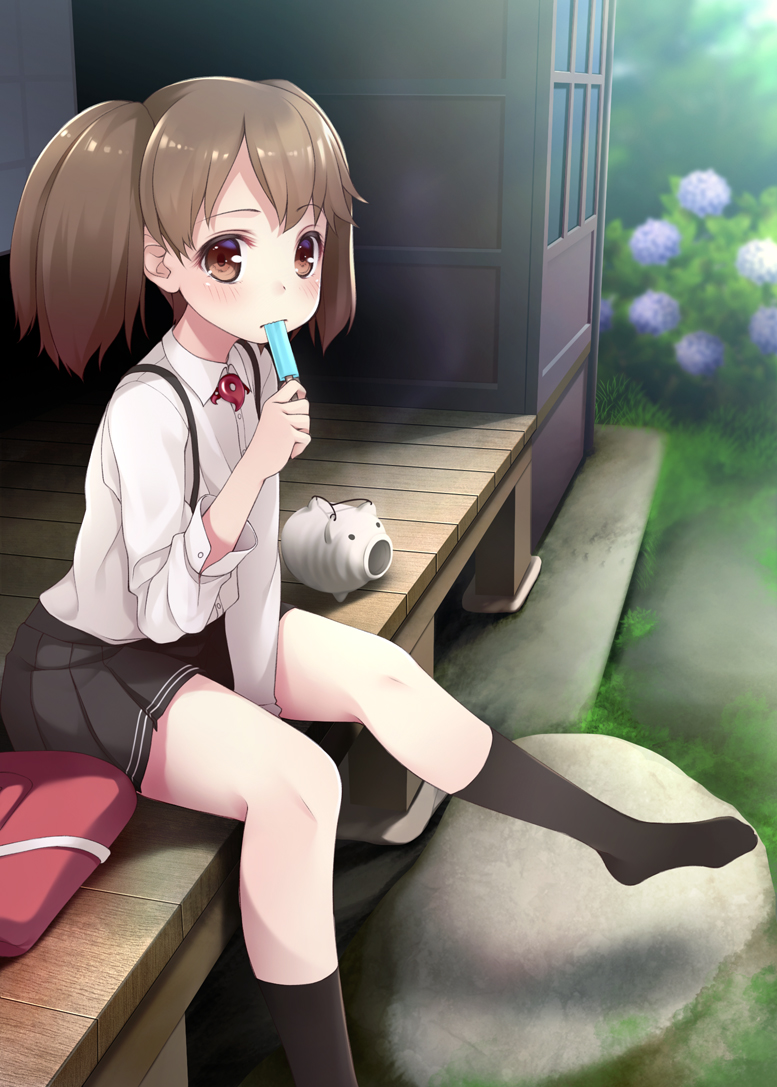 1girl black_legwear black_skirt brown_hair bush dress_shirt flat_chest flower food foot_out_of_frame hydrangea japanese_clothes kantai_collection kariginu kayari_buta kneehighs long_hair magatama mofu_namako no_hat no_headwear outdoors pleated_skirt popsicle red_shirt rock ryuujou_(kantai_collection) shirt shirt_removed sitting skirt solo suspenders twintails veranda white_shirt