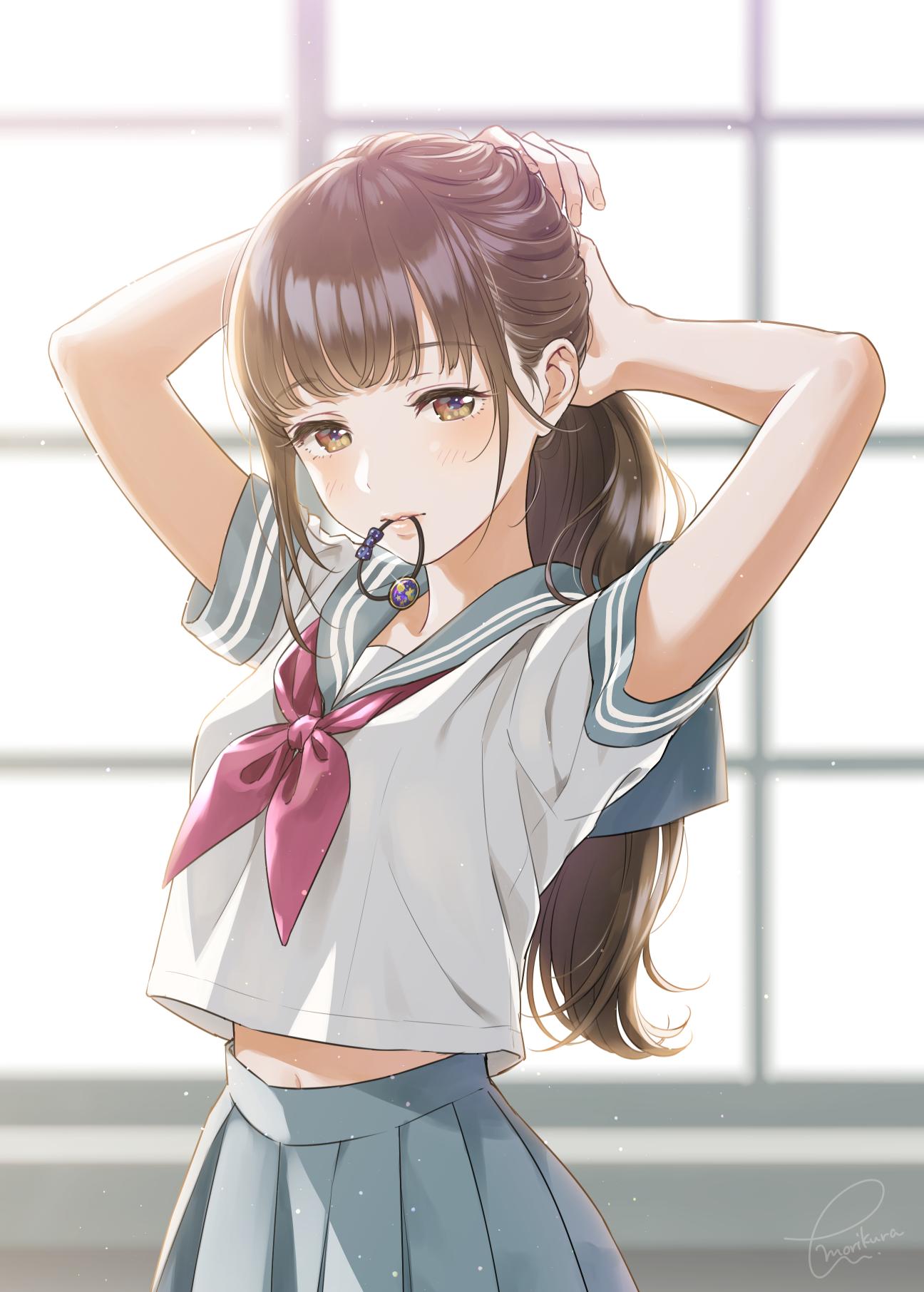 1girl arms_up artist_name bangs belly_peek blunt_bangs brown_eyes brown_hair commentary_request cowboy_shot eyebrows_visible_through_hair grey_sailor_collar grey_skirt hair_tie hairdressing highres indoors long_hair looking_at_viewer morikura_en mouth_hold navel neckerchief original parted_lips pleated_skirt ponytail red_neckwear sailor_collar shirt short_sleeves signature skirt solo tying_hair white_shirt window